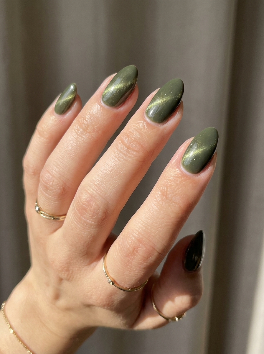 Olive Cat Eye Nails als olivgrüne Herbstmaniküre 2026